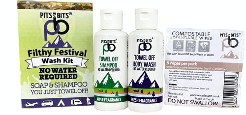 Pits and Bits Filthy Festival Wash Kit, Soap and Shampoo, No Water Or Rinsing Required, Say Goodbye To Festival Showers