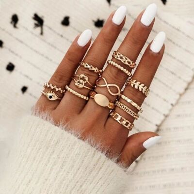 13 Pcs Gold Stone Metallic Stacking Multi Size Knuckle Midi Ring Set