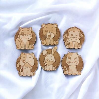 Set of 6 Cute Animals Wood Coasters - Cup Holders