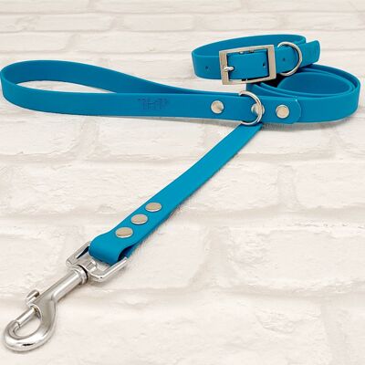 Waterproof BioThane© Dog Collar & Dog Lead Set - Lagune & Silver