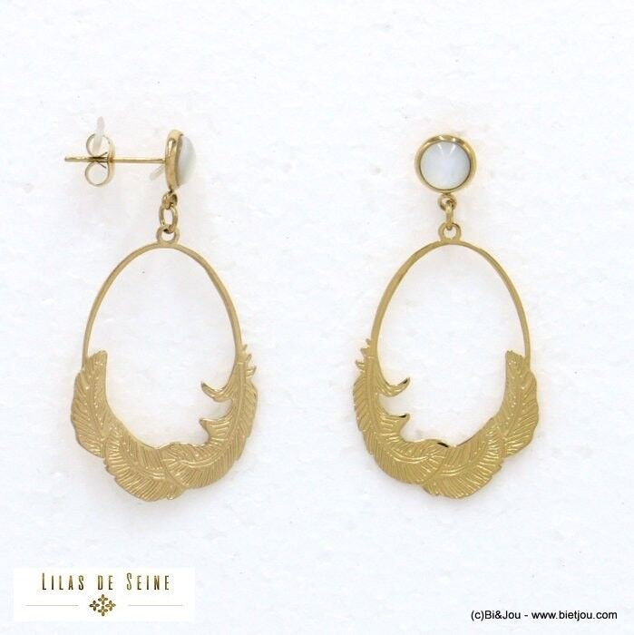 Boucles d'oreilles acier plume cabochon pierre nacre 0322064