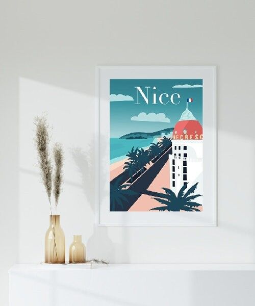 Affiche illustration ville Nice, Negresco promenade des anglais.