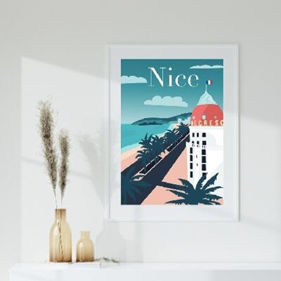 Nice city illustration poster, Negresco Promenade des Anglais.