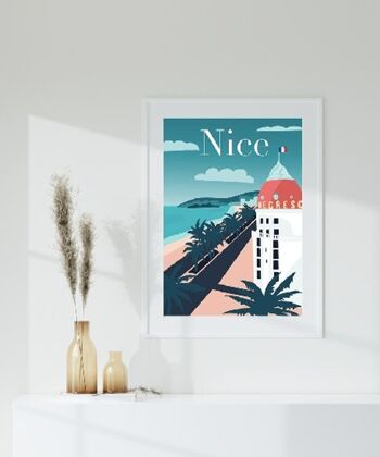 Affiche illustration ville Nice, Negresco promenade des anglais.