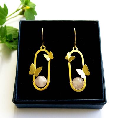 Gold butterfly earrings with rose quartz, amazonite or labradorite