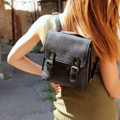 Black convertible backpack in soft grained leather - GOVIND BLACK