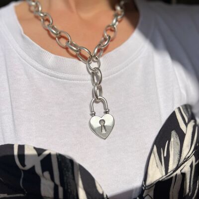 Silver Heart Lock Necklace, Long Heart Necklace, Wide Silver Chain Necklace, Chunky Chain, Gift for Her, Made in Greece.