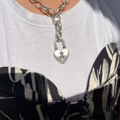 Silver Heart Lock Necklace, Long Heart Necklace, Wide Silver Chain Necklace, Chunky Chain, Gift for Her, Made in Greece.