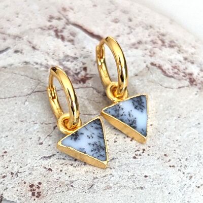 Pendientes de aro de piedras preciosas de ágata dendrítica triangular - Chapado en oro