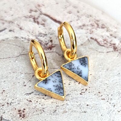 Pendientes de aro de piedras preciosas de ágata dendrítica triangular - Chapado en oro