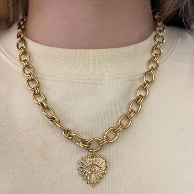 Collier Acier Ajustable Chaîne Epaisse Pendentif Coeur Oeil Saint-Valentin