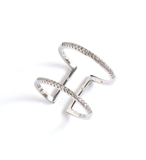 Silver double band crystal cuff ring
