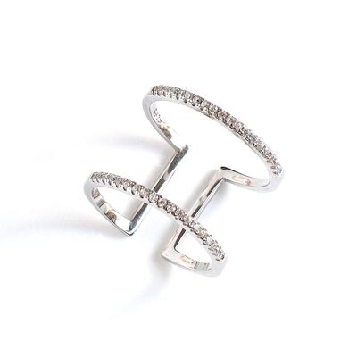 Silver double band crystal cuff ring