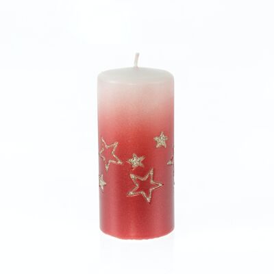 Pillar candle with stars, 7 x 7 x 14 cm, red/gold, 793981