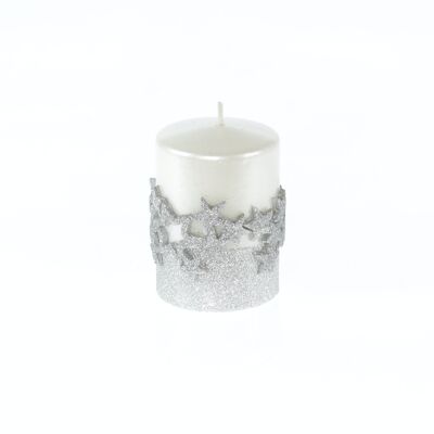 Pillar candle with row of stars, 7 x 7 x 10 cm, white/silver, 794094