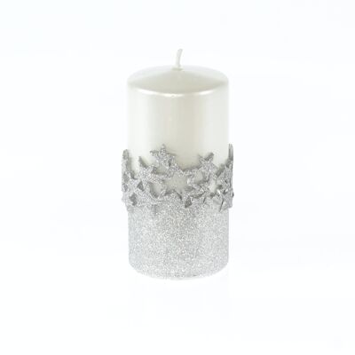 Pillar candle with row of stars, 7 x 7 x 14 cm, white/silver, 794100