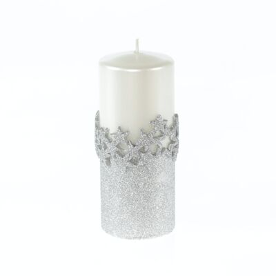 Pillar candle with row of stars, 7 x 7 x 18 cm, white/silver, 794117