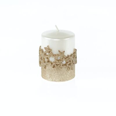 Pillar candle with a row of stars, 7 x 7 x 10 cm, white/champagne, 794124