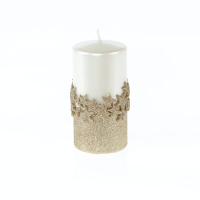 Pillar candle with row of stars, 7 x 7 x 14 cm, white/champagne, 794131