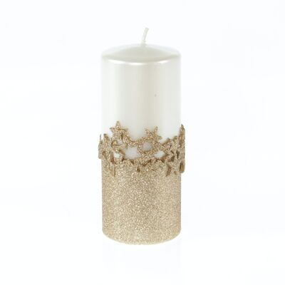Pillar candle with row of stars, 7 x 7 x 18 cm, white/champagne, 794148
