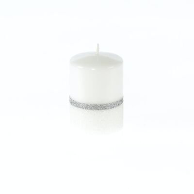Pillar candle with tinsel borders, 7 x 7 x 10 cm, white/silver, 794216