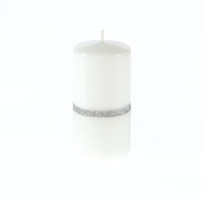 Pillar candle with tinsel borders, 7 x 7 x 14 cm, white/silver, 794223