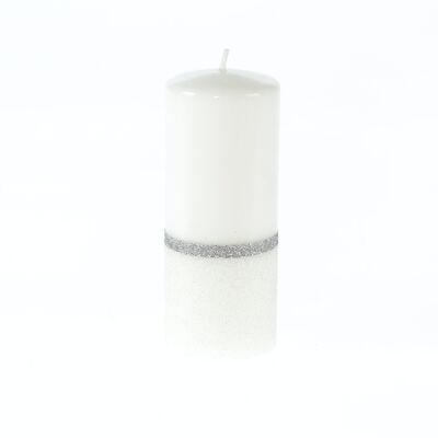 Pillar candle with tinsel borders, 7 x 7 x 18 cm, white/silver, 794230