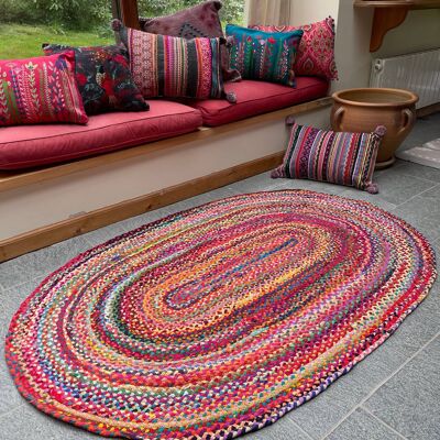 SUNDAR Oval Multi Color Rug Braided with Recycled Fabric