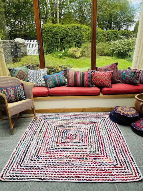 CARNIVAL White Cotton Square Rug Braided with Multi Colours