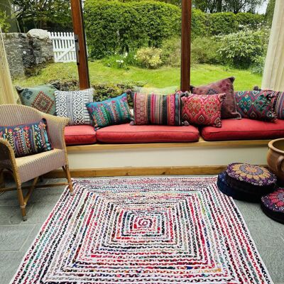 CARNIVAL White Cotton Square Rug Braided with Multi Colours