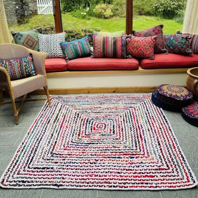 CARNIVAL White Cotton Square Rug Braided with Multi Colours