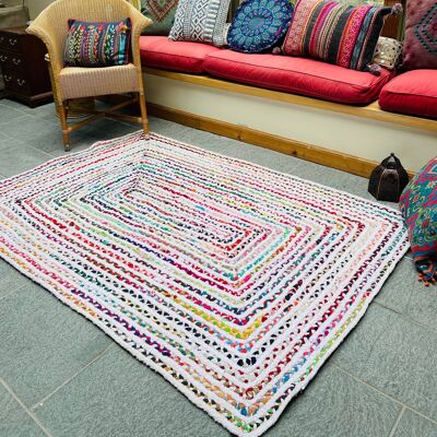 CARNIVAL White Cotton Braided Rug with Multi Colour Fabric