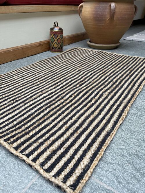 CHAKKAR DARK Stripe Rectangular Braided Jute Beige Black Rug