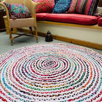 CARNIVAL White Cotton Round Circles Rug with Multi Colours
