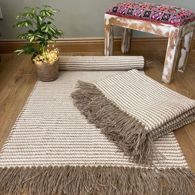 Tapis COLVA Fil de Jute de Coton à Rayures Beige Naturel Ivoire