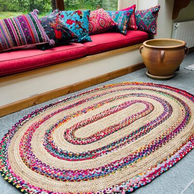 Tapis ovale FIESTA en jute tressé tissé à la main avec plusieurs couleurs