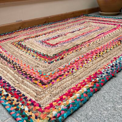 Tapis rectangulaire en jute FIESTA tissé à la main avec du tissu recyclé