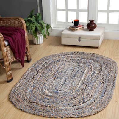 JEANNIE Oval Rug Jute Braided with Recycled Blue Denim