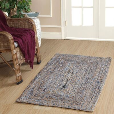 JEANNIE Tapis Rectangle Jute Tressé et Denim Bleu Recyclé