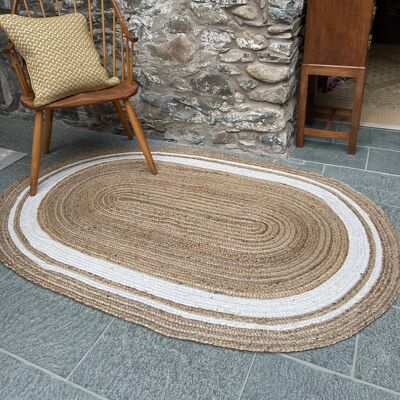 KHIDAKEE Ovaler natürlicher Jute-Teppich geflochten mit elfenbeinfarbener Bordüre