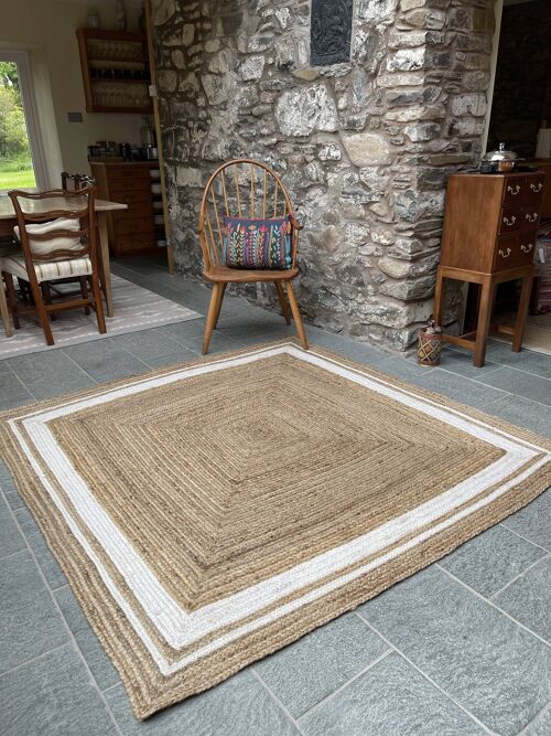 KHIDAKEE Square Border Natural Beige Rug Woven with Jute