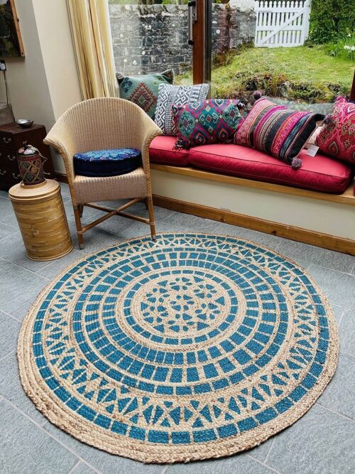 MANDALA Pattern Round Turquoise Rug Jute with Block Print