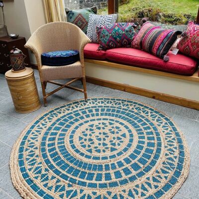 MANDALA Pattern Round Turquoise Rug Jute with Block Print