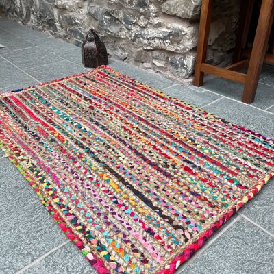 MISHRAN Natural Jute Rug Hand Woven with Multi Colour Braids
