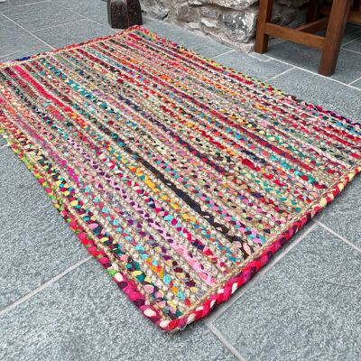 MISHRAN Natural Jute Rug Hand Woven with Multi Colour Braids