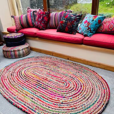 MISHRAN Oval Rug Jute Braid Hand Woven with Recycled Fabric