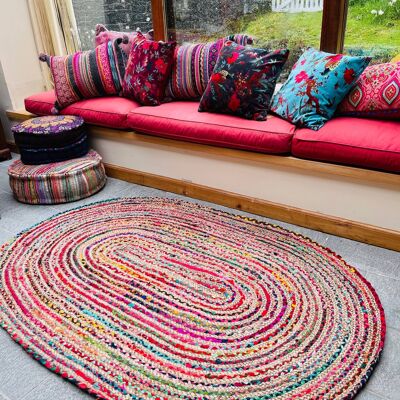 Tapis Ovale MISHRAN Tresse de Jute Tissé à la Main avec Tissu Recyclé