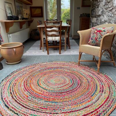 Tapis rond MISHRAN en jute tissé à la main avec des tresses multicolores