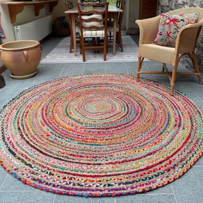 MISHRAN Runder Teppich aus handgewebter Jute mit mehrfarbigen Zöpfen