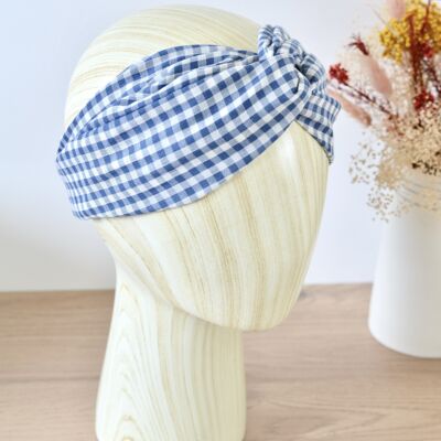 Blue gingham cotton gauze headband